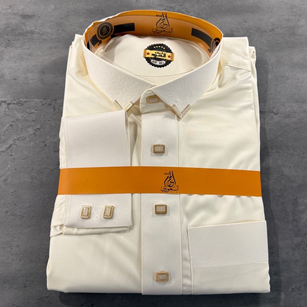 Al Daffah Thobe Mens 60 L Shalwar Kandura Off White Gold Accents NEW